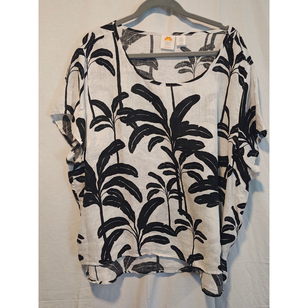C&C California Womens Black White Palm Print Linen Top Size 3X‎ Beachy Caostal